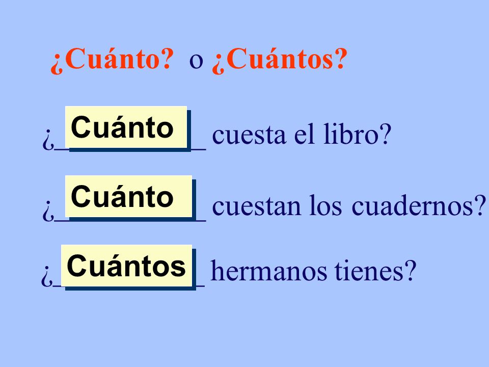 ¿Cuánto o ¿Cuántos ¿__________ cuesta el libro Cuánto. Cuánto. ¿__________ cuestan los cuadernos