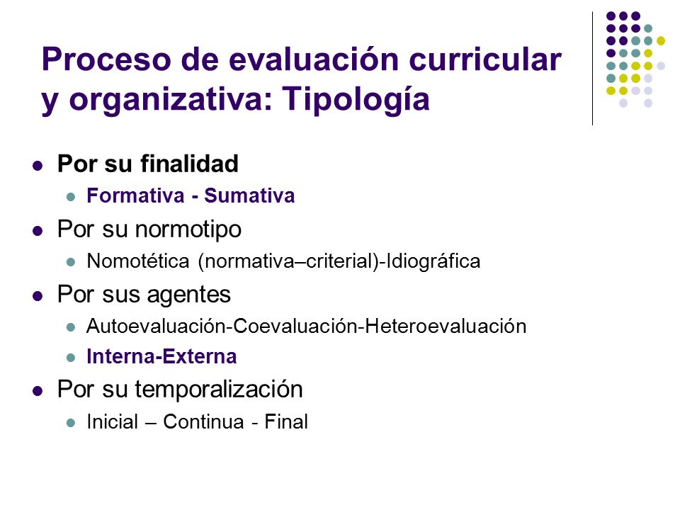Proceso de evaluación curricular y organizativa: Tipología