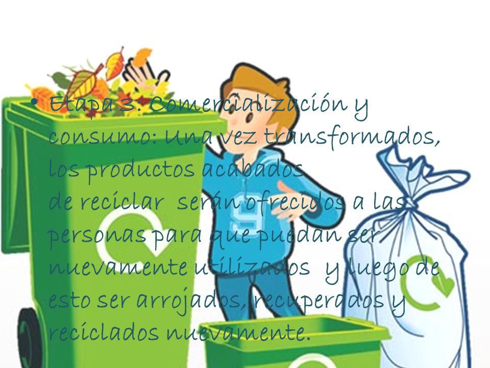 Etapa 3: Comercialización y consumo: Una vez transformados, los productos acabados de reciclar serán ofrecidos a las personas para que puedan ser nuevamente utilizados y luego de esto ser arrojados, recuperados y reciclados nuevamente.