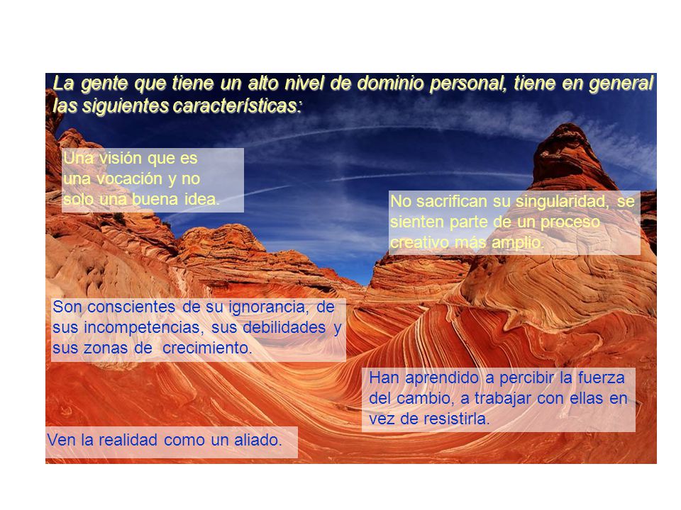La gente que tiene un alto nivel de dominio personal, tiene en general las siguientes características:
