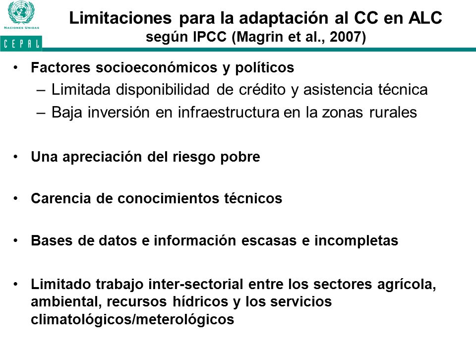 Limitaciones para la adaptación al CC en ALC según IPCC (Magrin et al