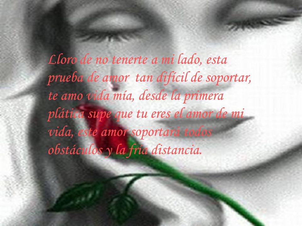 Lloro de no tenerte a mi lado, esta prueba de amor tan difícil de soportar, te amo vida mía, desde la primera plática supe que tu eres el amor de mi vida, este amor soportará todos obstáculos y la fría distancia.