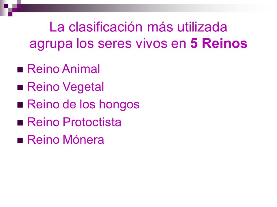 La clasificación más utilizada agrupa los seres vivos en 5 Reinos