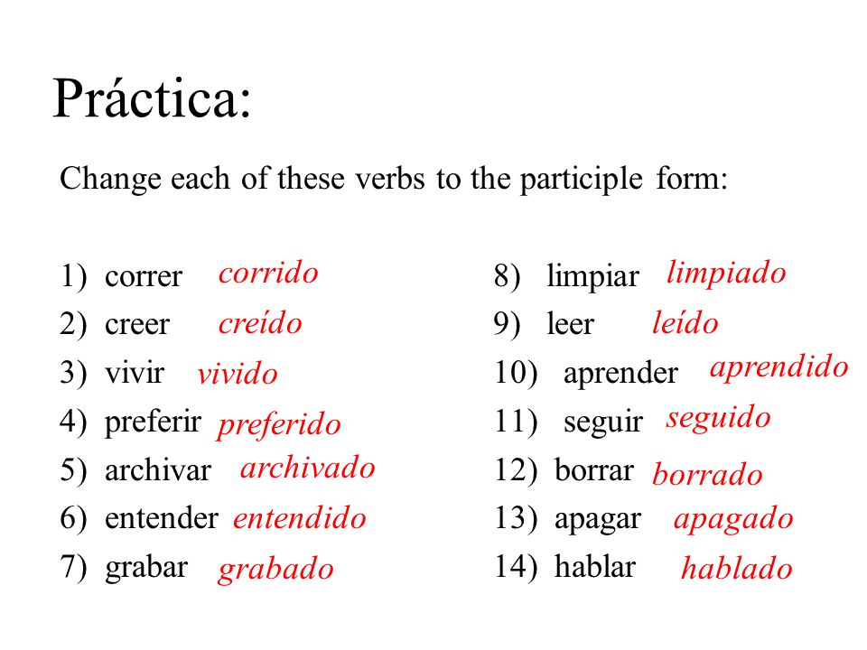 Práctica: Change each of these verbs to the participle form: