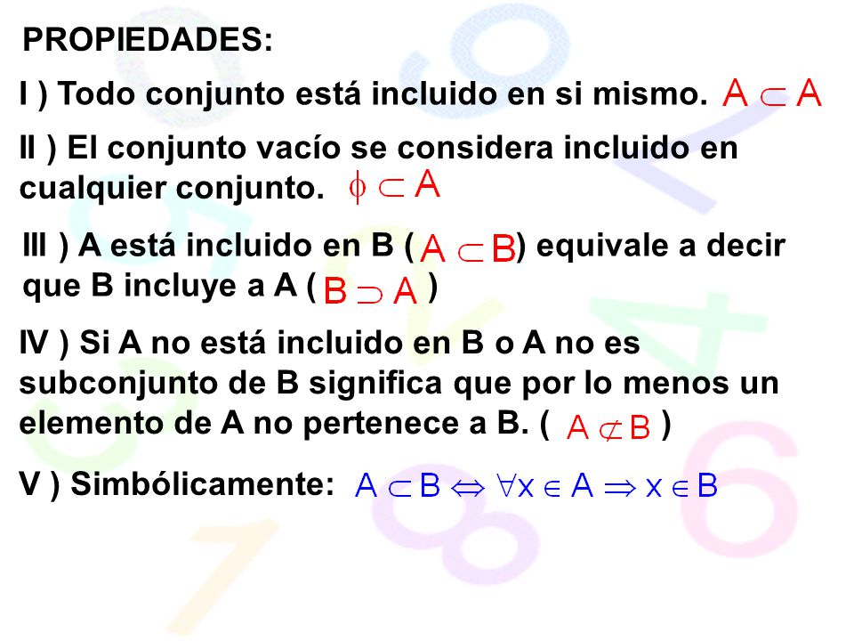 PROPIEDADES: I ) Todo conjunto está incluido en si mismo. II ) El conjunto vacío se considera incluido en cualquier conjunto.