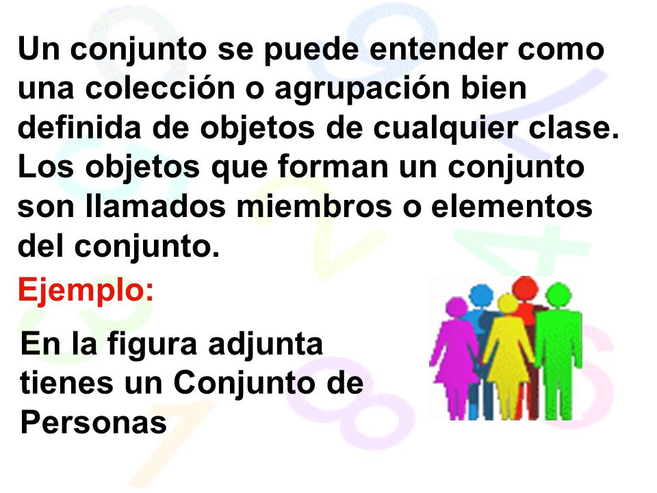 Un conjunto se puede entender como una colección o agrupación bien definida de objetos de cualquier clase. Los objetos que forman un conjunto son llamados miembros o elementos del conjunto.