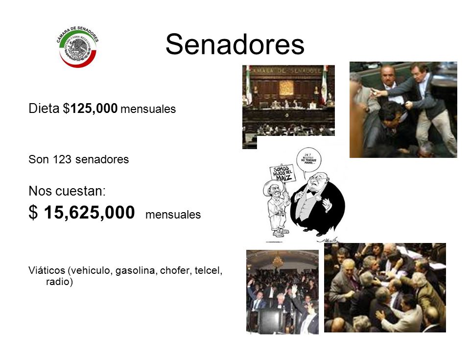 Senadores $ 15,625,000 mensuales Dieta $125,000 mensuales Nos cuestan: