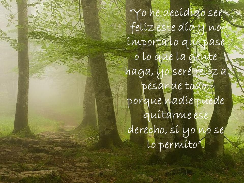 Yo he decidido ser feliz este día y no importa lo que pase o lo que la gente haga, yo seré feliz a pesar de todo, porque nadie puede quitarme ese derecho, si yo no se lo permito .