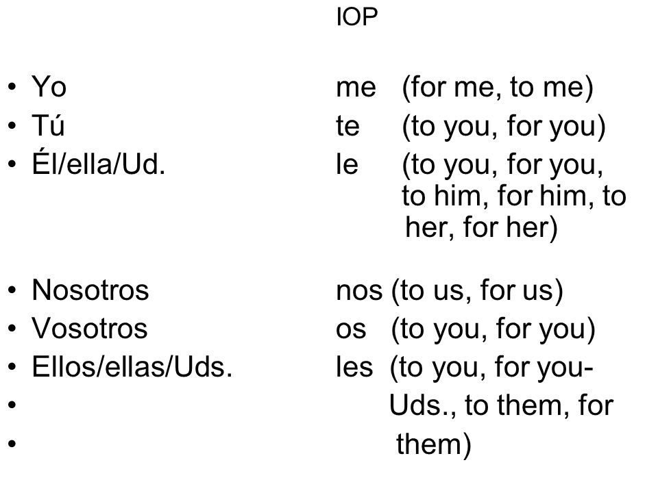Él/ella/Ud. le (to you, for you, to him, for him, to her, for her)