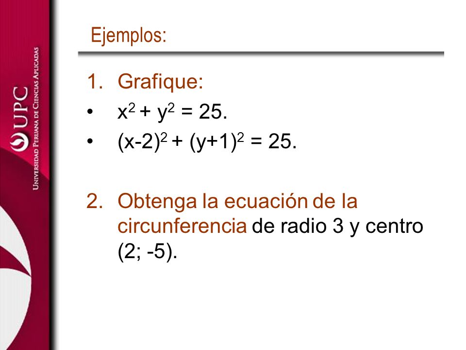Ejemplos: Grafique: x2 + y2 = 25. (x-2)2 + (y+1)2 = 25.
