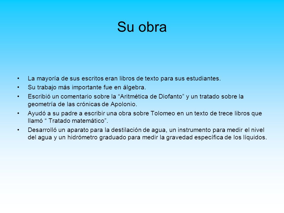 Su obra La mayoría de sus escritos eran libros de texto para sus estudiantes. Su trabajo más importante fue en álgebra.