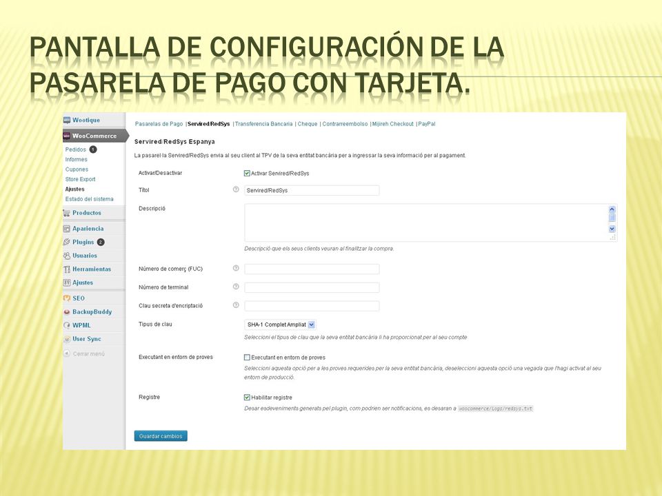 Pantalla de configuración de la pasarela de pago con tarjeta.