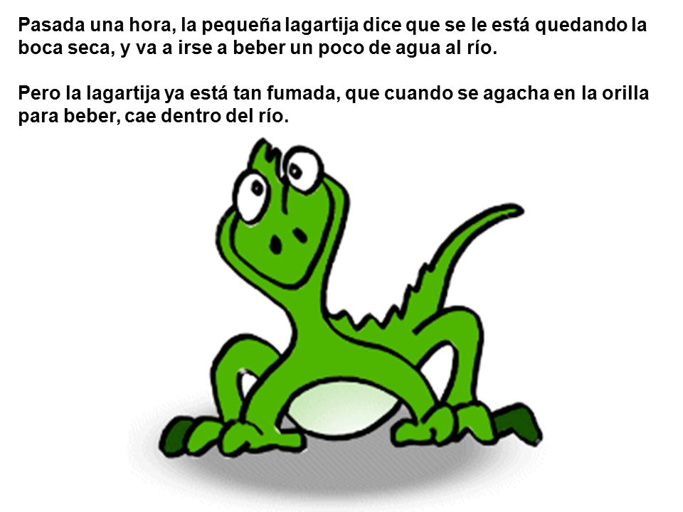 Pasada una hora, la pequeña lagartija dice que se le está quedando la boca seca, y va a irse a beber un poco de agua al río.