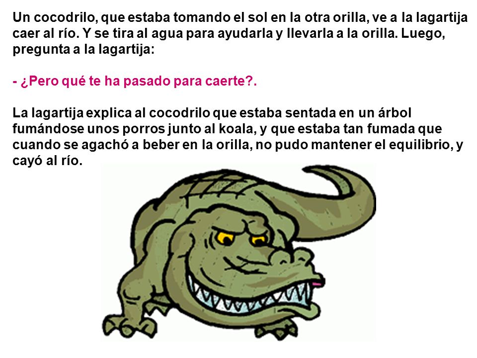 Un cocodrilo, que estaba tomando el sol en la otra orilla, ve a la lagartija caer al río. Y se tira al agua para ayudarla y llevarla a la orilla. Luego, pregunta a la lagartija: