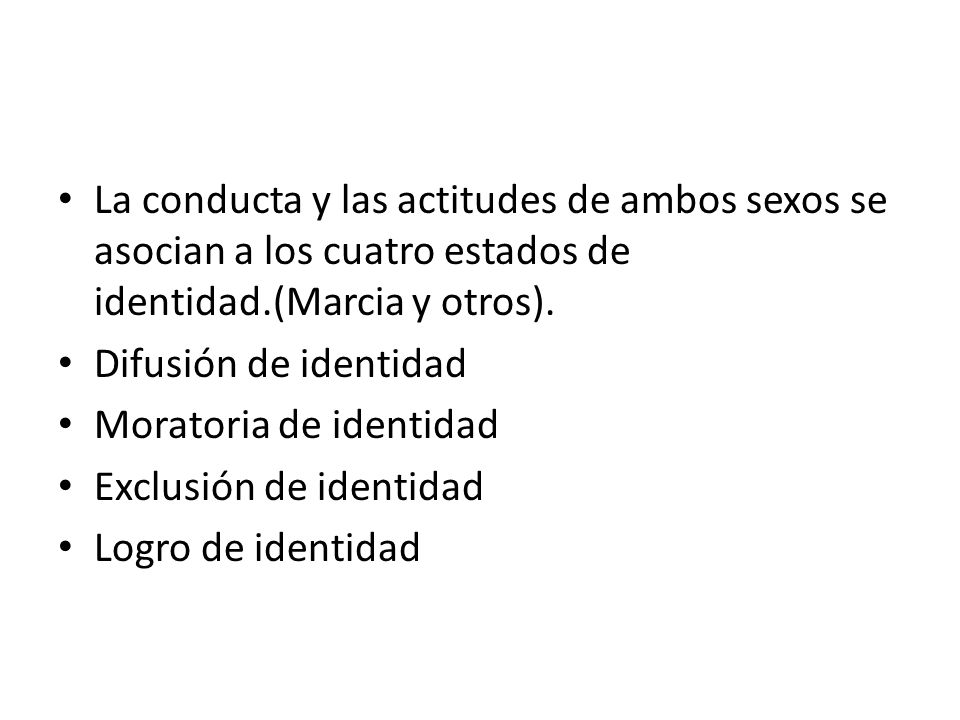 La conducta y las actitudes de ambos sexos se asocian a los cuatro estados de identidad.(Marcia y otros).