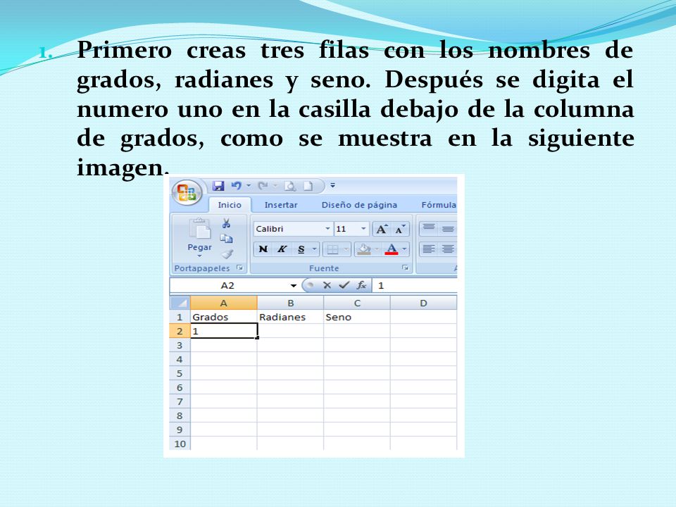 Primero creas tres filas con los nombres de grados, radianes y seno