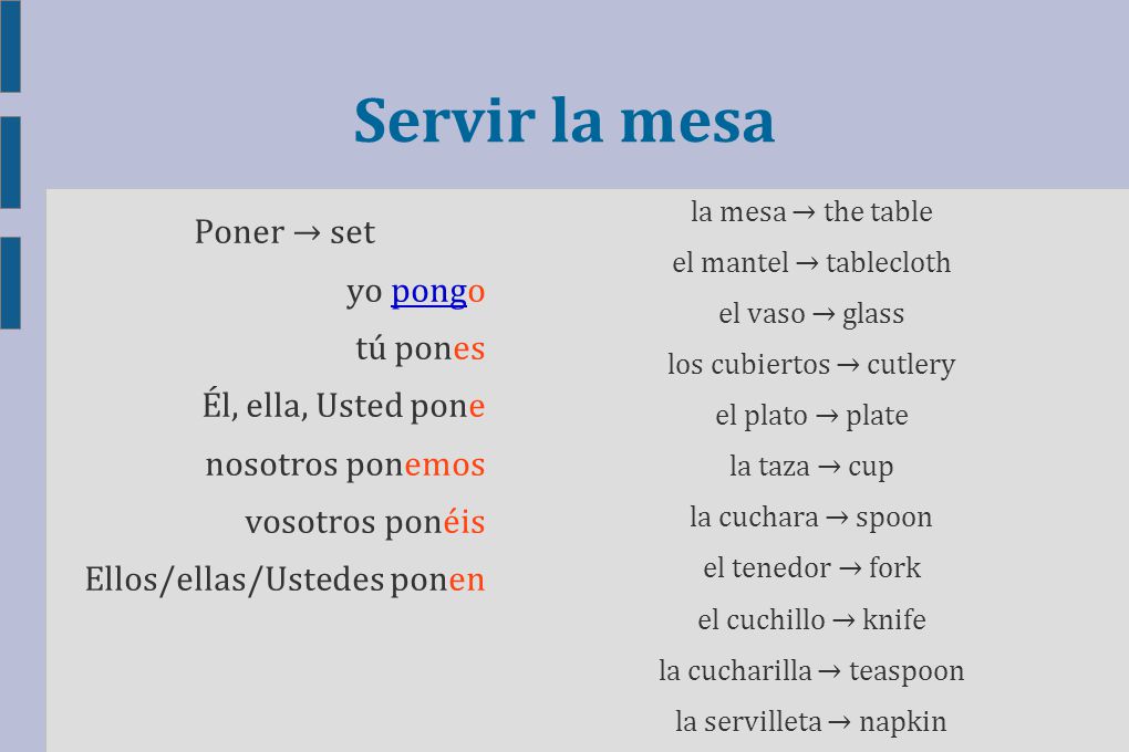 Servir la mesa Poner → set yo pongo tú pones Él, ella, Usted pone