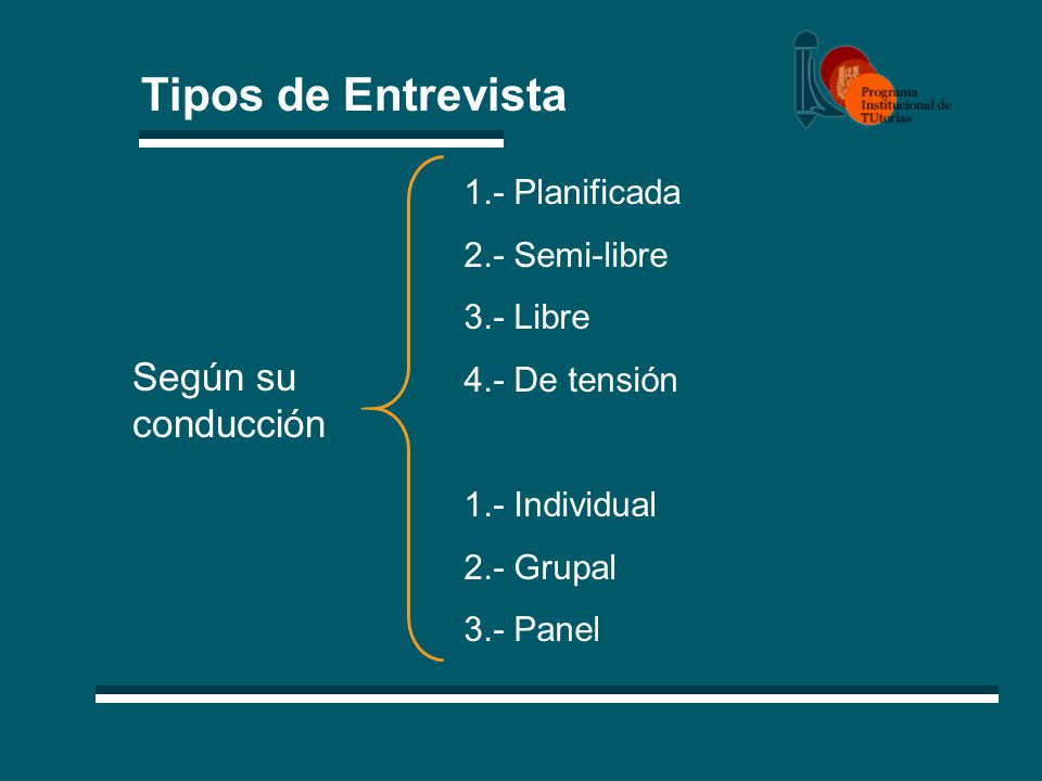 Tipos de Entrevista Según su conducción 1.- Planificada 2.- Semi-libre