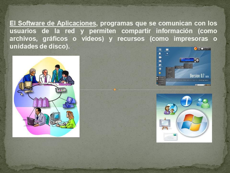 El Software de Aplicaciones, programas que se comunican con los usuarios de la red y permiten compartir información (como archivos, gráficos o vídeos) y recursos (como impresoras o unidades de disco).
