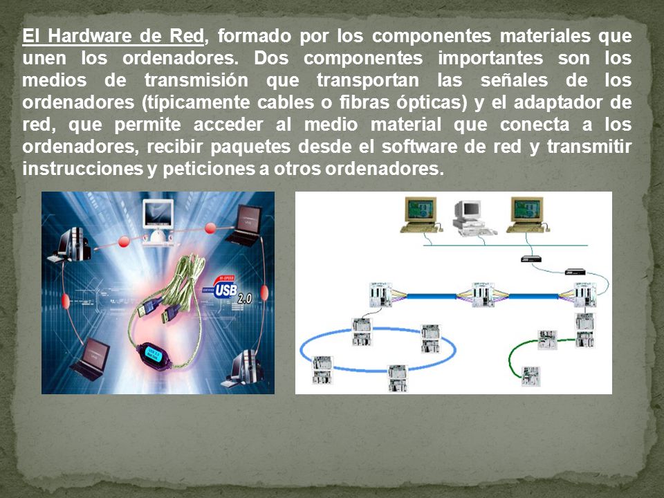 El Hardware de Red, formado por los componentes materiales que unen los ordenadores.