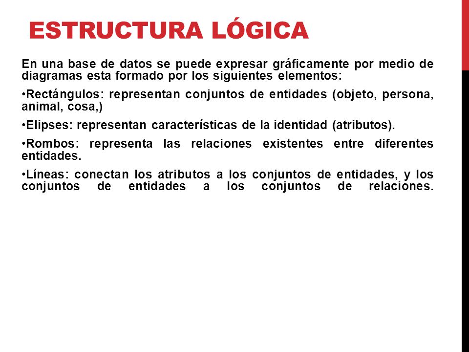 Estructura lógica En una base de datos se puede expresar gráficamente por medio de diagramas esta formado por los siguientes elementos: