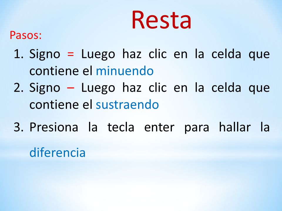 Resta Signo = Luego haz clic en la celda que contiene el minuendo