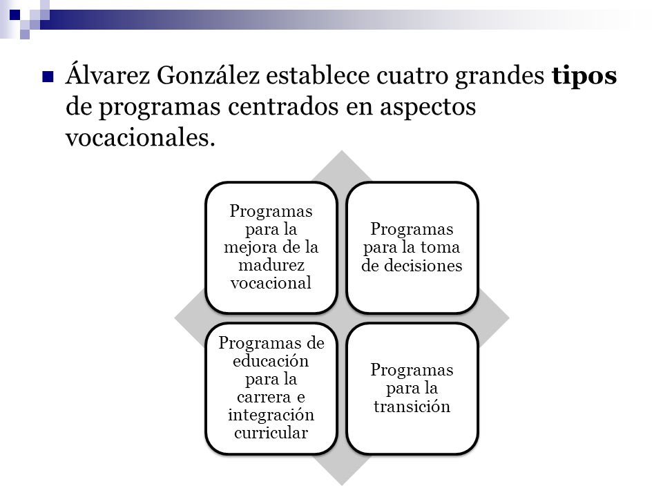 Álvarez González establece cuatro grandes tipos de programas centrados en aspectos vocacionales.