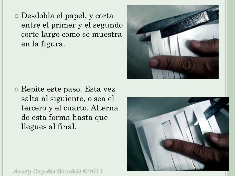 Desdobla el papel, y corta entre el primer y el segundo corte largo como se muestra en la figura.