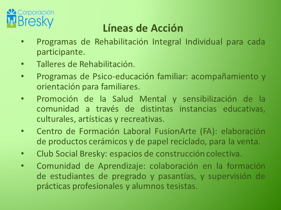 Líneas de Acción Programas de Rehabilitación Integral Individual para cada participante. Talleres de Rehabilitación.