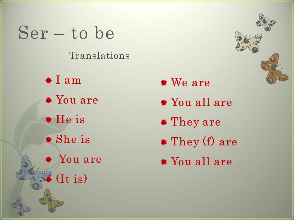 Ser – to be I am We are You are You all are He is They are She is