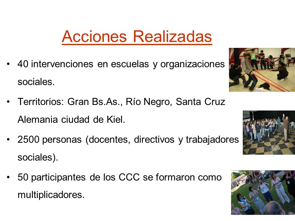 Acciones Realizadas 40 intervenciones en escuelas y organizaciones sociales.