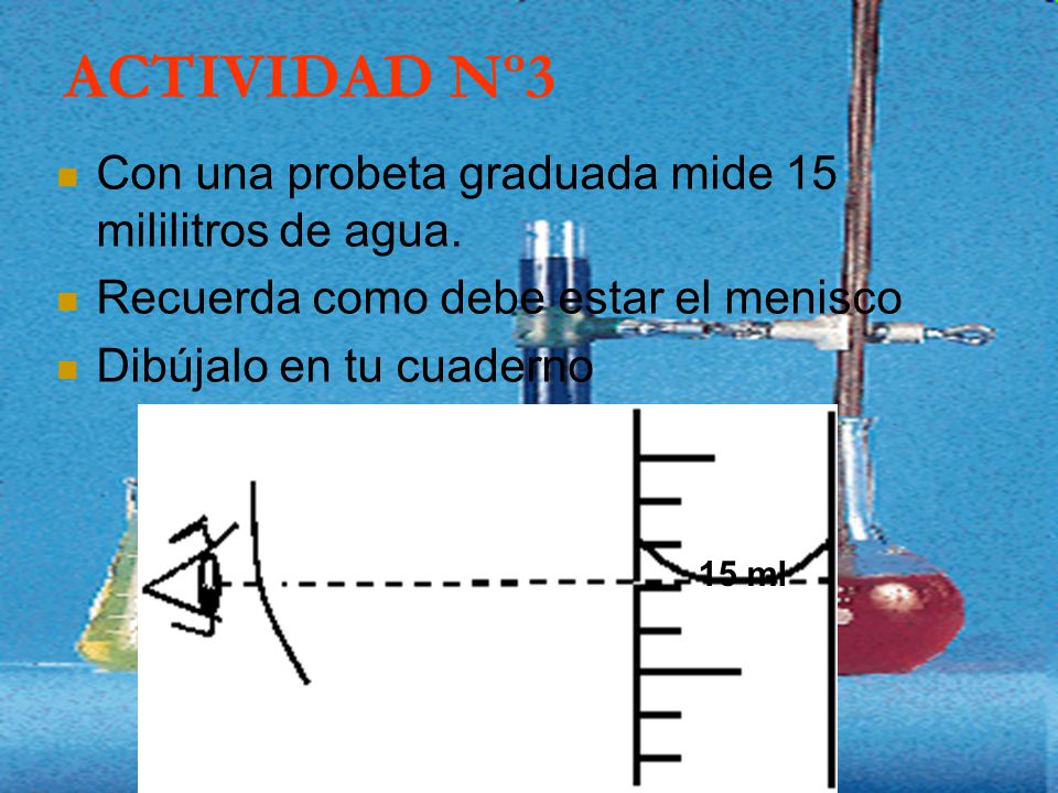 ACTIVIDAD Nº3 Con una probeta graduada mide 15 mililitros de agua.