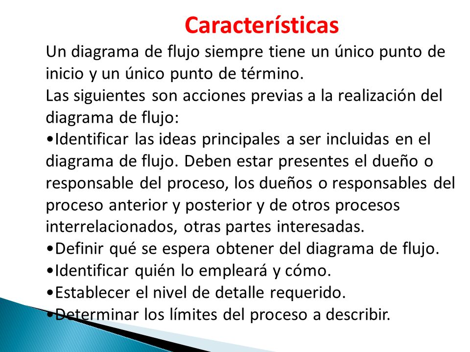 Características Un diagrama de flujo siempre tiene un único punto de inicio y un único punto de término.