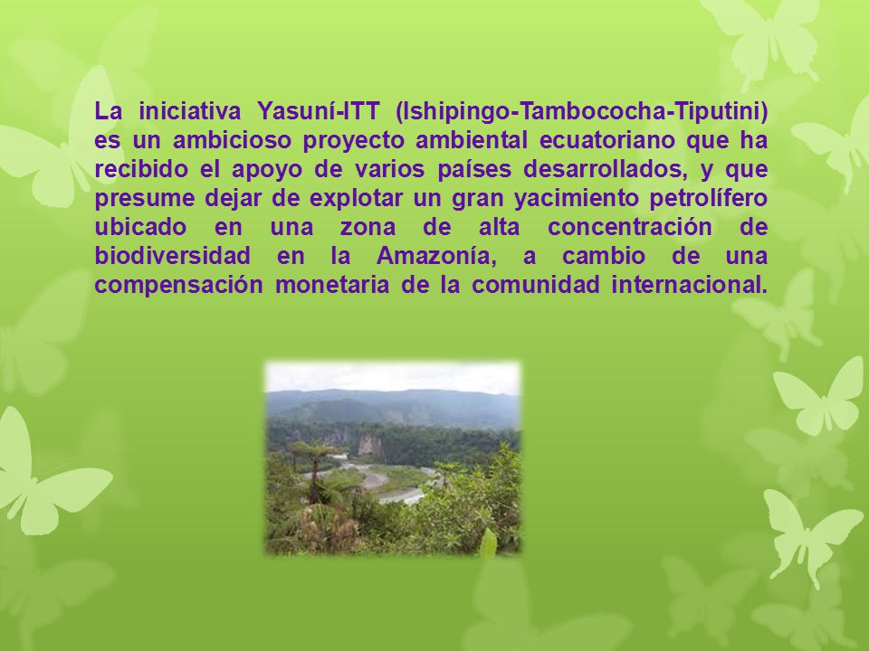 La iniciativa Yasuní-ITT (Ishipingo-Tambococha-Tiputini) es un ambicioso proyecto ambiental ecuatoriano que ha recibido el apoyo de varios países desarrollados, y que presume dejar de explotar un gran yacimiento petrolífero ubicado en una zona de alta concentración de biodiversidad en la Amazonía, a cambio de una compensación monetaria de la comunidad internacional.