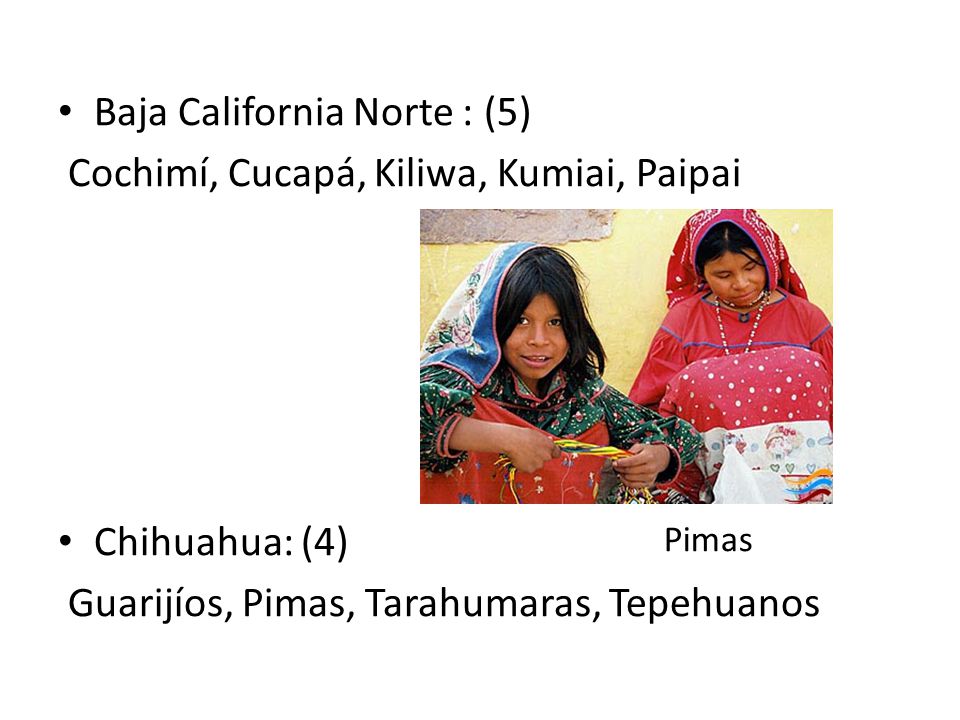 Baja California Norte : (5) Cochimí, Cucapá, Kiliwa, Kumiai, Paipai