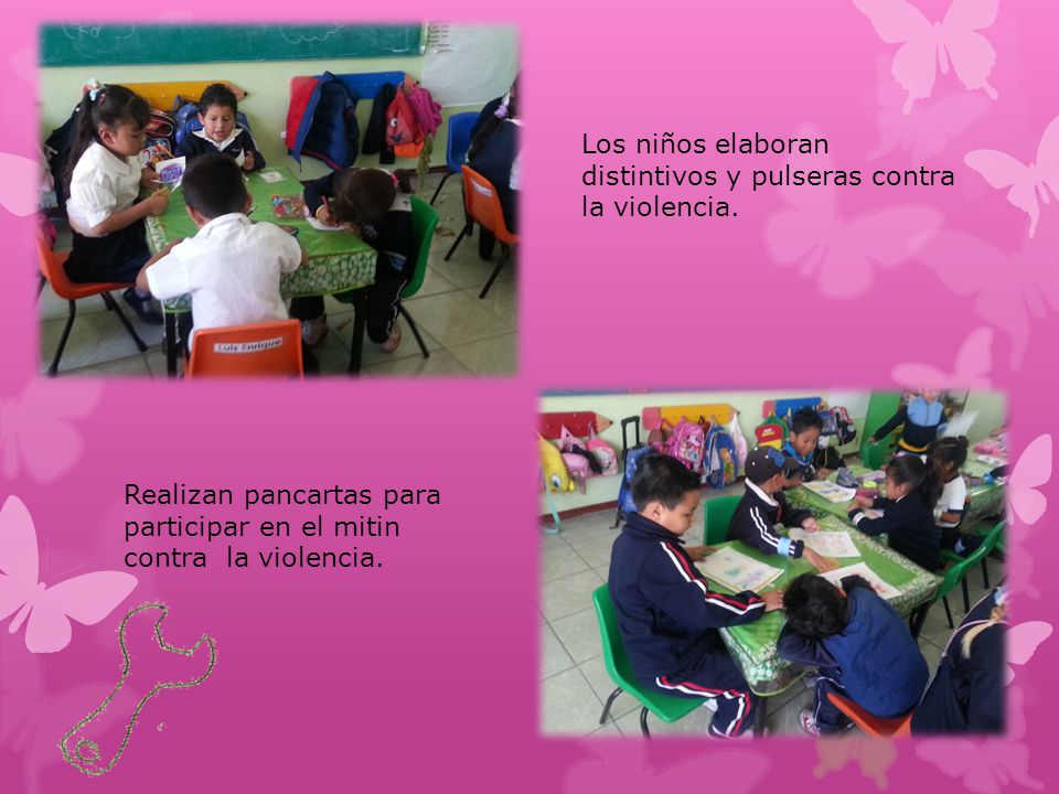 Los niños elaboran distintivos y pulseras contra la violencia.