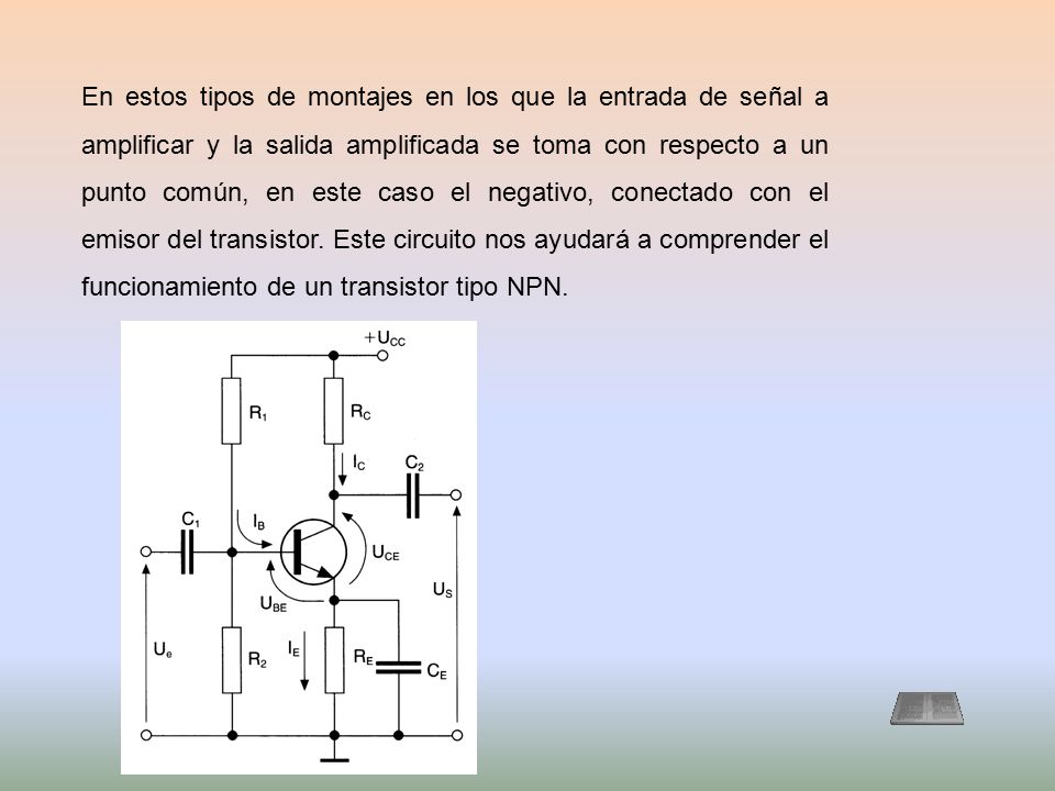 En estos tipos de montajes en los que la entrada de señal a amplificar y la salida amplificada se toma con respecto a un punto común, en este caso el negativo, conectado con el emisor del transistor.