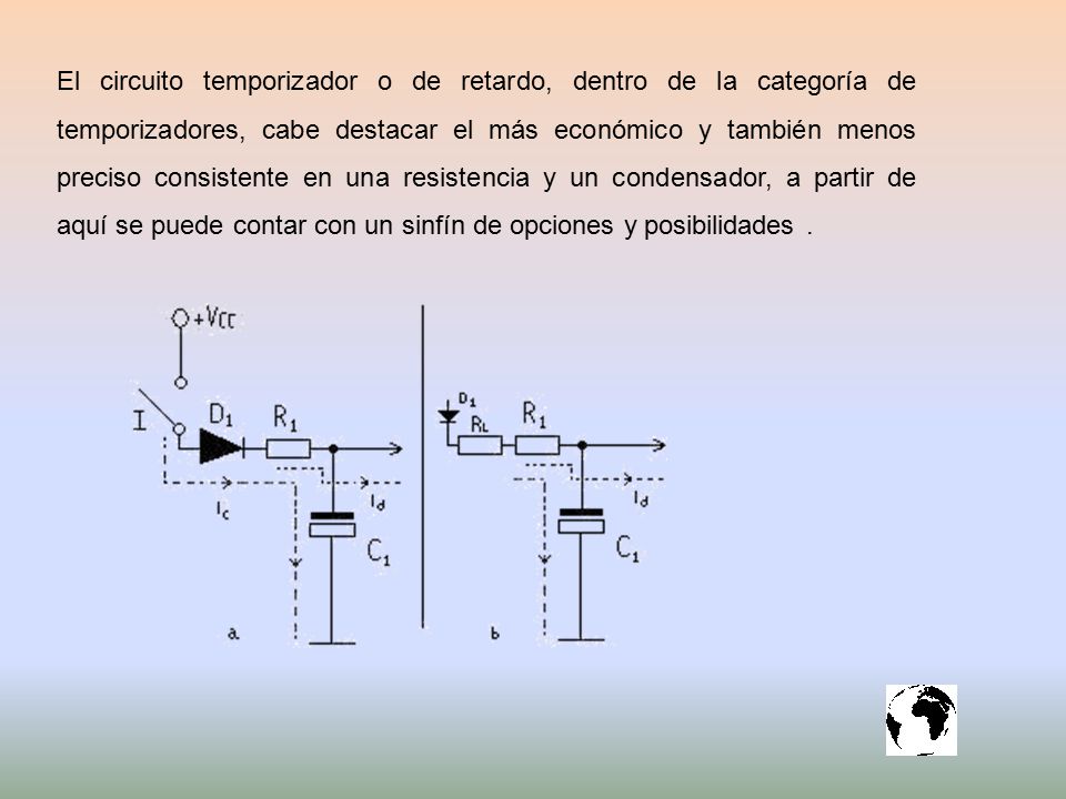 El circuito temporizador o de retardo, dentro de la categoría de temporizadores, cabe destacar el más económico y también menos preciso consistente en una resistencia y un condensador, a partir de aquí se puede contar con un sinfín de opciones y posibilidades .