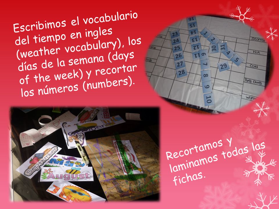 Escribimos el vocabulario del tiempo en ingles (weather vocabulary), los días de la semana (days of the week) y recortar los números (numbers).