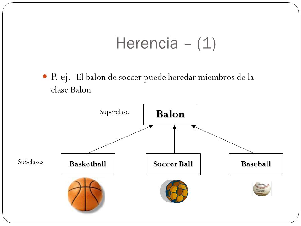 Herencia – (1) P. ej. El balon de soccer puede heredar miembros de la clase Balon. Balon. Soccer Ball.