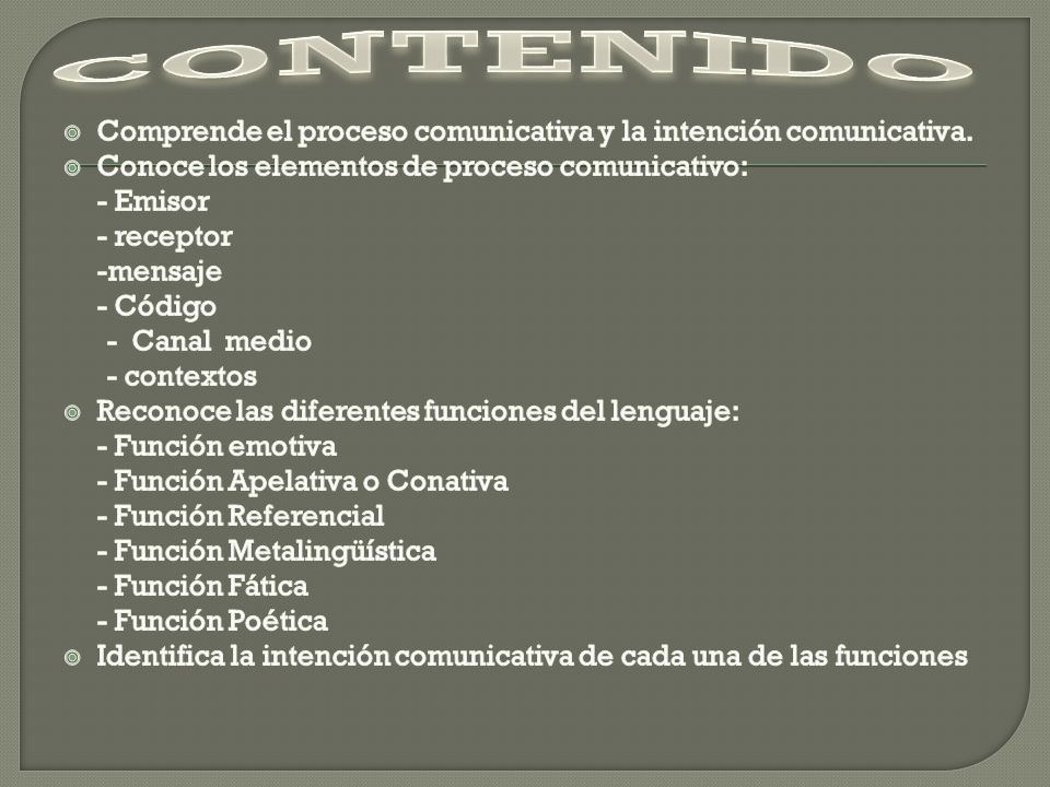 CONTENIDO Comprende el proceso comunicativa y la intención comunicativa. Conoce los elementos de proceso comunicativo: