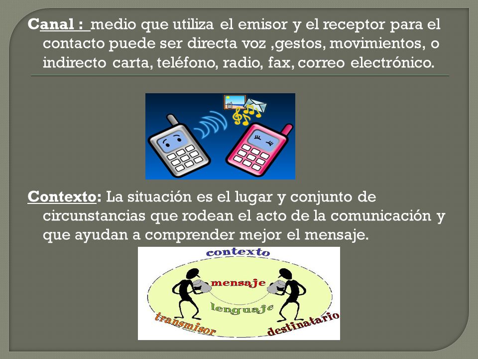 Canal : medio que utiliza el emisor y el receptor para el contacto puede ser directa voz ,gestos, movimientos, o indirecto carta, teléfono, radio, fax, correo electrónico.