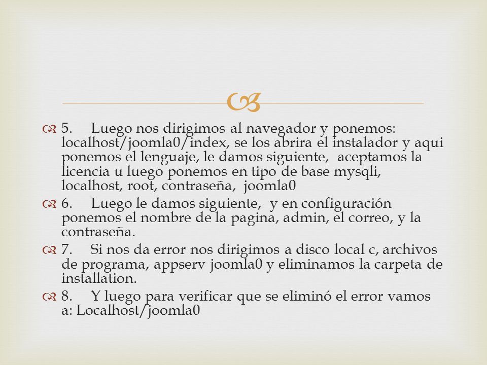 5. Luego nos dirigimos al navegador y ponemos: localhost/joomla0/index, se los abrira el instalador y aqui ponemos el lenguaje, le damos siguiente, aceptamos la licencia u luego ponemos en tipo de base mysqli, localhost, root, contraseña, joomla0