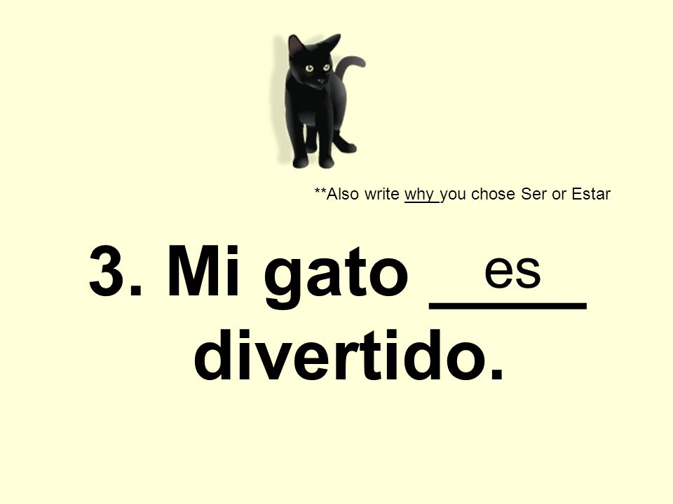 3. Mi gato ____ divertido. **Also write why you chose Ser or Estar es