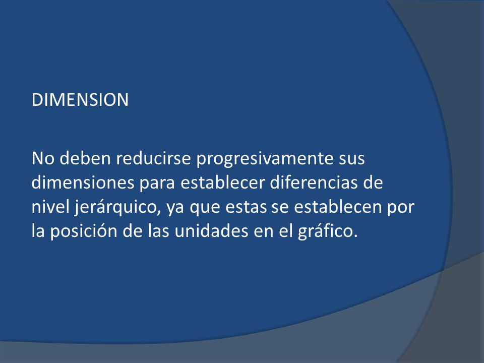 DIMENSION No deben reducirse progresivamente sus dimensiones para establecer diferencias de nivel jerárquico, ya que estas se establecen por la posición de las unidades en el gráfico.