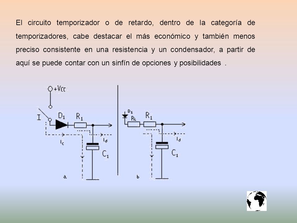 El circuito temporizador o de retardo, dentro de la categoría de temporizadores, cabe destacar el más económico y también menos preciso consistente en una resistencia y un condensador, a partir de aquí se puede contar con un sinfín de opciones y posibilidades .