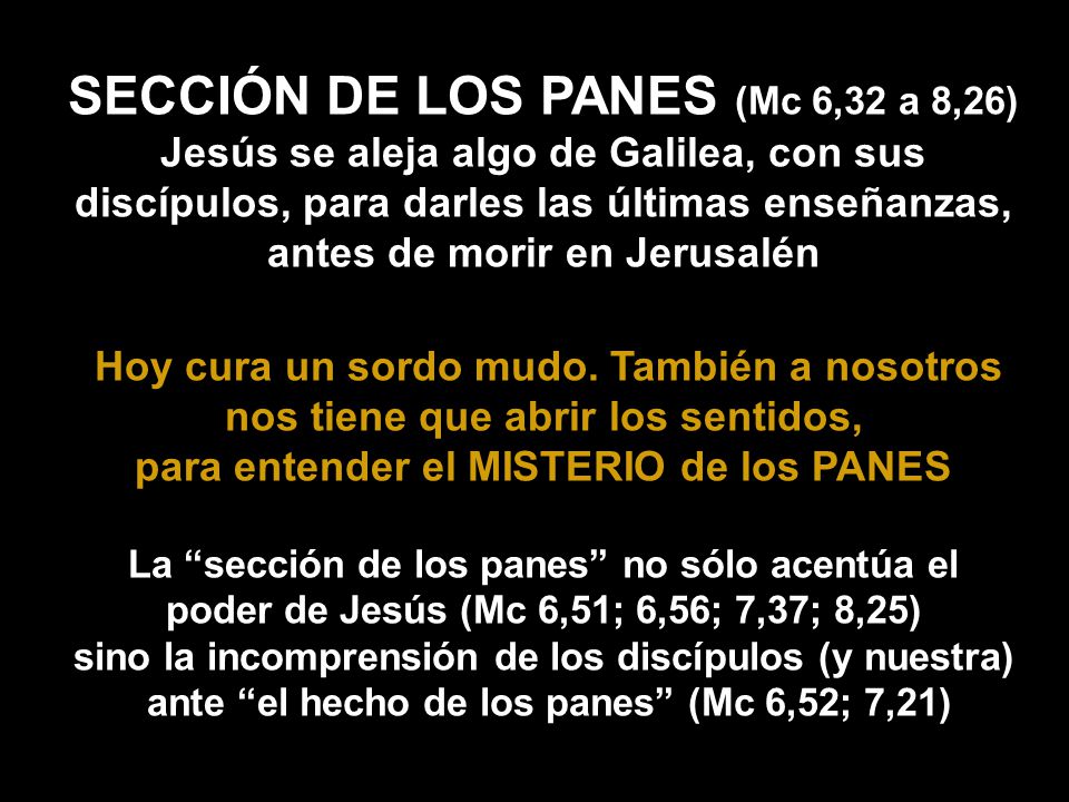 SECCIÓN DE LOS PANES (Mc 6,32 a 8,26) Jesús se aleja algo de Galilea, con sus discípulos, para darles las últimas enseñanzas, antes de morir en Jerusalén