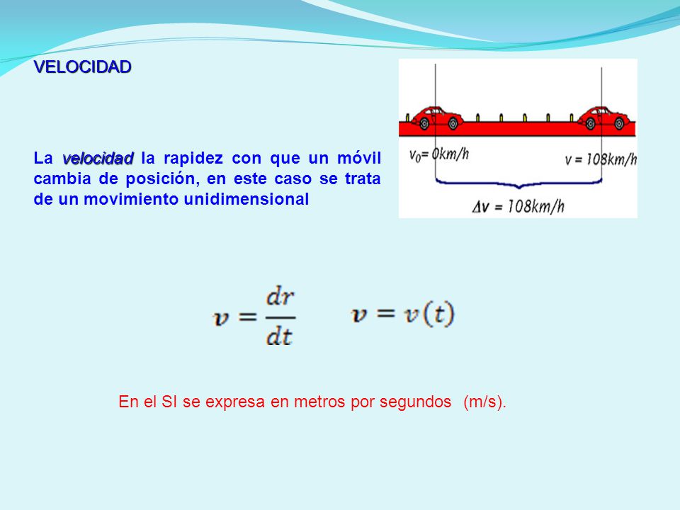 En el SI se expresa en metros por segundos (m/s).