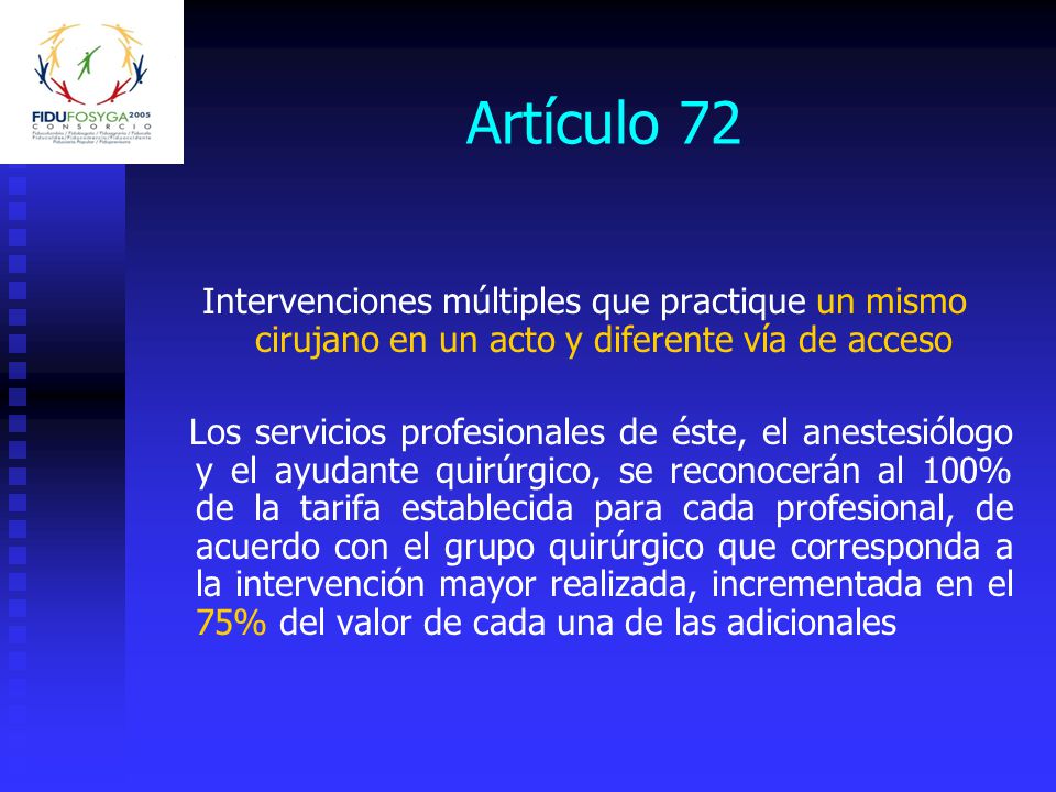 Artículo 72 Intervenciones múltiples que practique un mismo cirujano en un acto y diferente vía de acceso.
