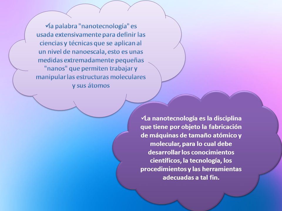 la palabra nanotecnología es usada extensivamente para definir las ciencias y técnicas que se aplican al un nivel de nanoescala, esto es unas medidas extremadamente pequeñas nanos que permiten trabajar y manipular las estructuras moleculares y sus átomos